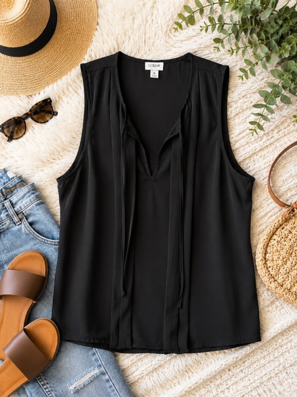 J. Crew Black Sleeveless Tie-Neck Blouse, Medium